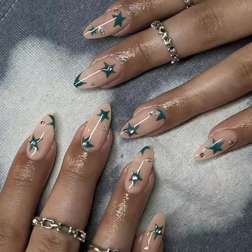 Künstliche Nägel zum Aufdrücken mit grünen Sternen, Mandelform, mit Strasssteinen, französische Sommerspitzen, vollständige Abdeckung für Frauen und Mädchen, 12 Größen, einfaches Selbermachen mit von Mikloven