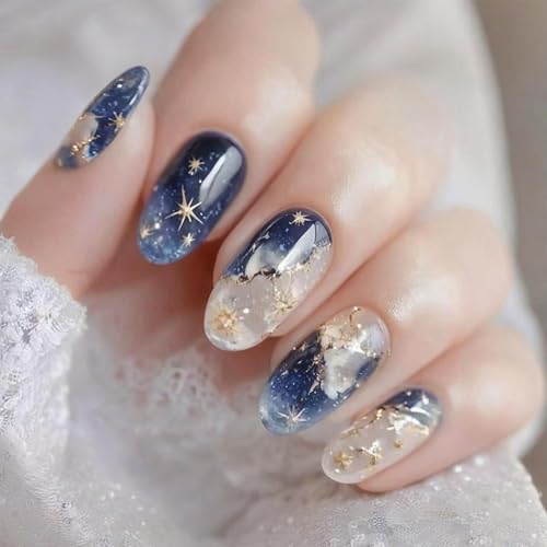 Nägel zum Aufdrücken mit Sternenhimmel, kurz, quadratisch, dunkelblau, glitzernd, mit DIY-Werkzeug, glänzend, volle Abdeckung, zum Aufkleben für Frauen, wiederverwendbar, DIY-Kunst von Mikloven