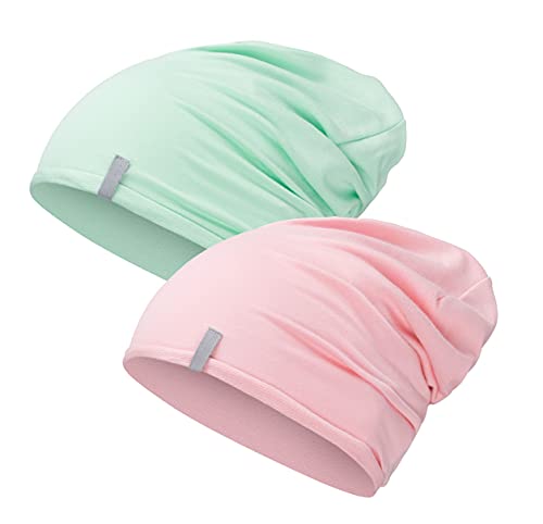 Mikos* Damen Mütze Bamboo Sommer Frühling Soft Beanie für Damen Herren Kind Mädchen Jungen Sommer Dünne Leichte Atmungsaktiv Long Slouch Beanie Chemo Kopfbedeckung(700) (Rosa + Minze, S-M) von Mikos