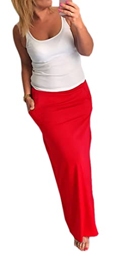 Damen Frauen Sommer Rock Maxirocke Sommer Lang Maxirock Boho Style Sommerrock Strandrock mit elastischem Bund Streifen oder einfarbig 36/38/40 (247) (Rot) von Mikos