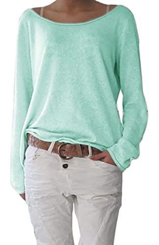 Mikos* Frühling Leicht Damen Pullover Strickpullover Rundhalsausschnitt Langarm Lose Bluse Strickpulli Shirt Oversize Lässige Sweatshirt Frühling Sommer Gestreift Tops S/M L/XL (632) (L-XL, Hellminze) von Mikos