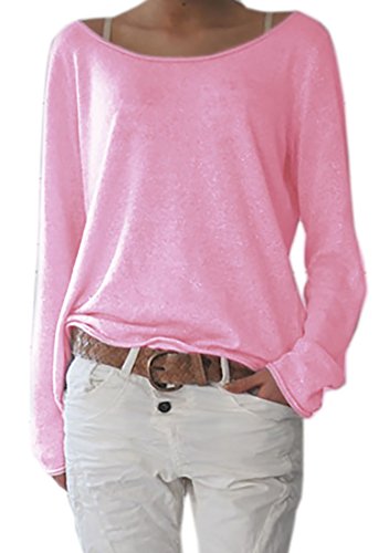 Mikos* Frühling Leicht Damen Pullover Strickpullover Rundhalsausschnitt Langarm Lose Bluse Strickpulli Shirt Oversize Lässige Sweatshirt Frühling Sommer Gestreift Tops S/M L/XL (632) (L-XL, Hellrosa) von Mikos