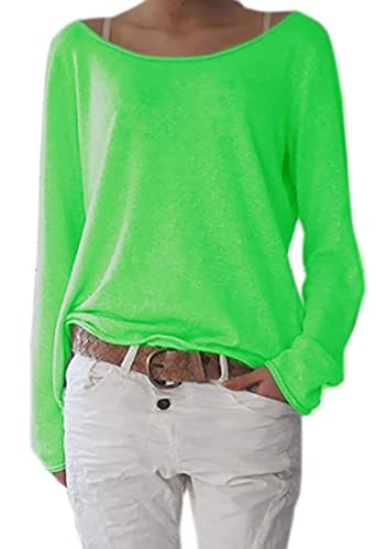 Mikos* Frühling Leicht Damen Pullover | Strickpullover Rundhalsausschnitt Langarm Lose Bluse | Strickpulli Shirt Oversize Lässige Sweatshirt Frühling Sommer Gestreift Tops S/M L/XL 632L-XL, Neon Grün von Mikos