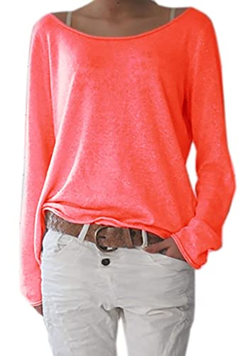 Mikos* Frühling Leicht Damen Pullover Strickpullover Rundhalsausschnitt Langarm Lose Bluse | Strickpulli Shirt Oversize Lässige Sweatshirt | Frühling Sommer Tops (632) (L-XL, Neon Orange) von Mikos