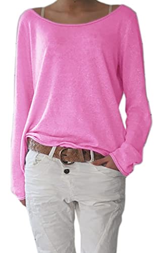 Mikos* Frühling Leicht Damen Pullover Strickpullover Rundhalsausschnitt Langarm Lose Bluse Strickpulli Shirt Oversize Lässige Sweatshirt Frühling Sommer Gestreift Tops S/M L/XL (632) (L-XL, Rosa) von Mikos