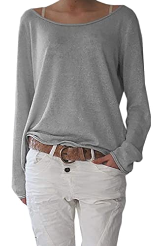 Mikos* Frühling Leicht Damen Pullover | Strickpullover Rundhalsausschnitt Langarm Lose Bluse | Strickpulli Shirt Oversize Lässige Sweatshirt | Frühling Sommer Gestreift Tops S/M L/XL (632) (S-M, Grau) von Mikos