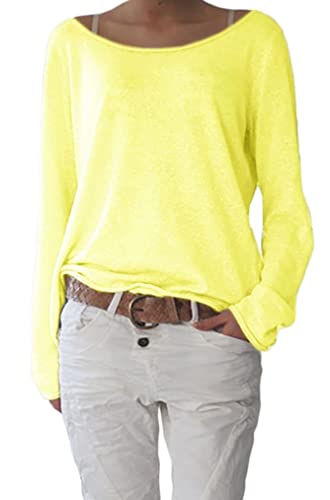 Mikos* Frühling Leicht Damen Pullover Strickpullover Rundhalsausschnitt Langarm Lose Bluse Strickpulli Shirt Oversize Lässige Sweatshirt Frühling Sommer Gestreift Tops S/M L/XL (632) (S-M, Neon Gelb) von Mikos