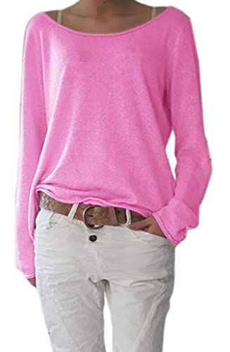 Mikos* Frühling Leicht Damen Pullover | Strickpullover Rundhalsausschnitt Langarm Lose Bluse | Strickpulli Shirt Oversize Lässige Sweatshirt | Frühling Sommer Gestreift Tops S/M L/XL (632) (S-M, Rosa) von Mikos