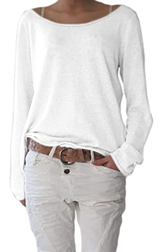 Mikos* Frühling Leicht Damen Pullover | Strickpullover Rundhalsausschnitt Langarm Lose Bluse | Strickpulli Shirt Oversize Lässige Sweatshirt | Frühling Sommer Gestreift Tops S/M L/XL (632) (S-M, Weiß) von Mikos