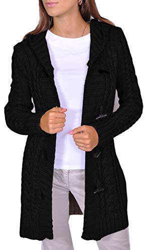 Damen Strick Jacke Mantel Pullover Neu mit Kapuze Beige Grau Warm (951) (L, Schwarz) von Mikos