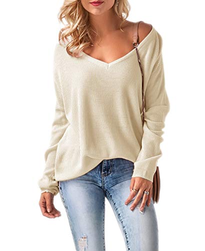 Mikos* Damen Frauen Off Shoulder Langarm Frühling Sommer Pullover Strickpullover Pullover Baggy V-Ausschnitt (694) (Beige) von Mikos