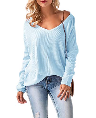 Mikos* Damen Frauen Off Shoulder Langarm Frühling Sommer Pullover Strickpullover Pullover Baggy V-Ausschnitt (694) (Blau) von Mikos