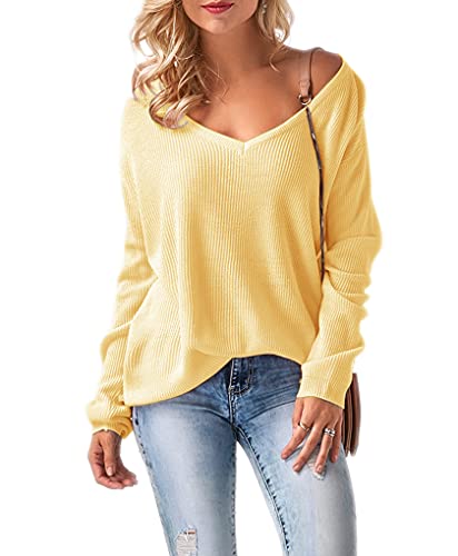 Mikos* Damen Frauen Off Shoulder Langarm Frühling Sommer Pullover Strickpullover Pullover Baggy V-Ausschnitt (694) (Gelb) von Mikos