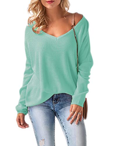 Mikos* Damen Frauen Off Shoulder Langarm Frühling Sommer Pullover Strickpullover Pullover Langarmshirt Longsleeve Baggy V-Ausschnitt (694) SML (Mint) von Mikos