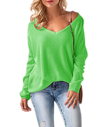 Mikos* Damen Frauen Off Shoulder Langarm Frühling Sommer Pullover Strickpullover Pullover Baggy V-Ausschnitt (694) (Neon Grün) von Mikos