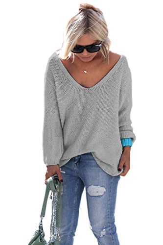 Mikos* Damen Pullover Hoodie Frühling | Sommer Sweatshirt | Warm V-Ausschnitt Lange Ärmel Casual Strickpullover Slim Mantel Top Oversize Pulli S M 36 38 (617) (Grau) von Mikos