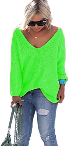 Mikos* Damen Pullover Hoodie Frühling | Sommer Sweatshirt | Warm V-Ausschnitt Lange Ärmel Casual Strickpullover Slim Mantel Top Oversize Pulli S M 36 38 (617) (Neon Grün) von Mikos