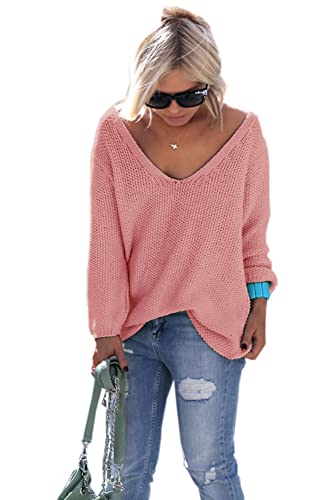 Mikos* Damen Pullover Hoodie Frühling | Sommer Sweatshirt | Warm V-Ausschnitt Lange Ärmel Casual Strickpullover Slim Mantel Top Oversize Pulli S M 36 38 (617) (Puderrosa) von Mikos