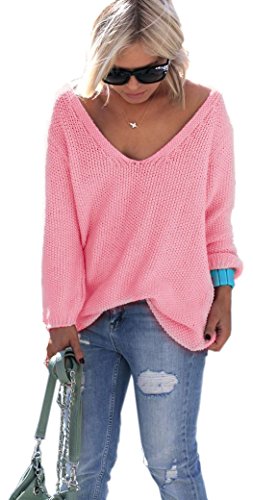 Mikos* Damen Pullover Hoodie Frühling | Sommer Sweatshirt | Warm V-Ausschnitt Lange Ärmel Casual Strickpullover Slim Mantel Top Oversize Pulli S M 36 38 (617) (Rosa) von Mikos