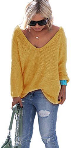 Mikos* Damen Pullover Hoodie Frühling | Sommer Sweatshirt | Warm V-Ausschnitt Lange Ärmel Casual Strickpullover Slim Mantel Top Oversize Pulli S M 36 38 (617) (Senfgelb) von Mikos