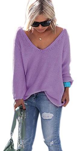 Mikos* Damen Pullover Hoodie Frühling | Sommer Sweatshirt | Warm V-Ausschnitt Lange Ärmel Casual Strickpullover Slim Mantel Top Oversize Pulli S M 36 38 (617) (Violet) von Mikos