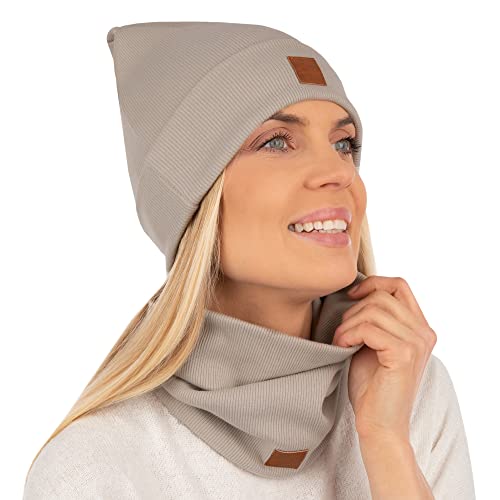 Mikos* Damen Set Mütze & Loop Baumwolle Long Beanie Hut mit Schal-Loop Herbst Winter Tolles Warm, Stretchy Elastischer, Wintermütze Junge-n Mädchen Streetwear 703 (Beige) von Mikos