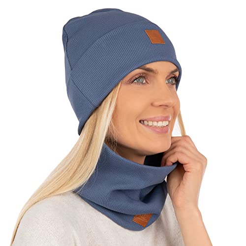 Mikos* Damen Set Mütze & Loop Baumwolle Long Beanie Hut mit Schal-Loop Herbst Winter Tolles Warm, Stretchy Elastischer, Wintermütze Junge-n Mädchen Streetwear 703 (Blau) von Mikos