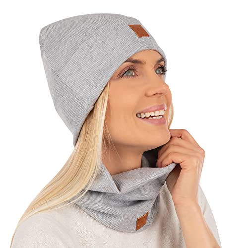 Mikos* Damen Set Mütze & Loop Baumwolle Long Beanie Hut mit Schal-Loop Herbst Winter Tolles Warm, Stretchy Elastischer, Wintermütze Junge-n Mädchen Streetwear 703 (Grau) von Mikos