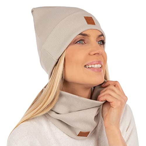 Mikos* Damen Set Mütze & Loop Baumwolle Long Beanie Hut mit Schal-Loop Herbst Winter Tolles Warm, Stretchy Elastischer, Wintermütze Junge-n Mädchen Streetwear 703 (Hellbeige) von Mikos