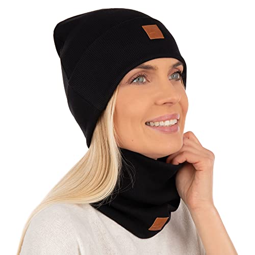 Mikos* Damen Set Mütze & Loop Baumwolle Long Beanie Hut mit Schal-Loop Herbst Winter Tolles Warm, Stretchy Elastischer, Wintermütze Junge-n Mädchen Streetwear 703 (Schwarz) von Mikos