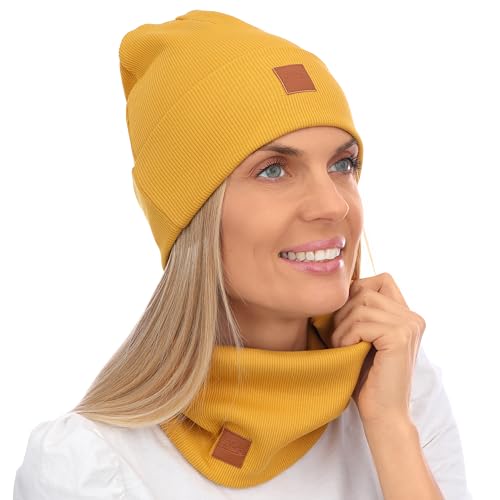 Mikos* Damen Set Mütze & Loop Baumwolle Long Beanie Hut mit Schal-Loop Herbst Winter Tolles Warm, Stretchy Elastischer, Wintermütze Junge-n Mädchen Streetwear 703 (Senfgelb) von Mikos