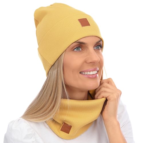 Mikos* Damen Set Mütze & Loop Baumwolle Long Beanie Hut mit Schal-Loop Herbst Winter Tolles Warm, Stretchy Elastischer, Wintermütze Junge-n Mädchen Streetwear 703 (Senfgelb) von Mikos