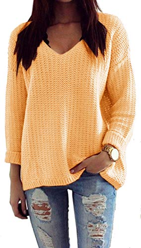 Mikos* Damen Strickpullover Frühling Sommer Sweatshirt | V-Ausschnitt Pulli Langarm Casual Pullover Hoodie | Loose Lassig Mantel Top Oversize Pulli S M 36 38 (627) (Apricose) von Mikos