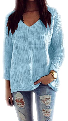 Mikos* Damen Strickpullover Frühling Sommer Sweatshirt | V-Ausschnitt Pulli Langarm Casual Pullover Hoodie | Loose Lassig Mantel Top Oversize Pulli S M 36 38 (627) (Hellblau) von Mikos