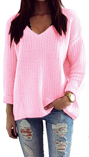 Mikos* Damen Strickpullover Frühling Sommer Sweatshirt | V-Ausschnitt Pulli Langarm Casual Pullover Hoodie | Loose Lassig Mantel Top Oversize Pulli S M 36 38 (627) (Hellrosa) von Mikos