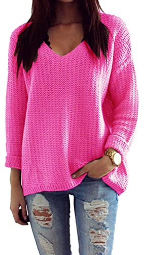 Mikos* Damen Strickpullover Frühling Sommer Sweatshirt | V-Ausschnitt Pulli Langarm Casual Pullover Hoodie | Loose Lassig Mantel Top Oversize Pulli S M 36 38 (627) (Neon Rosa) von Mikos