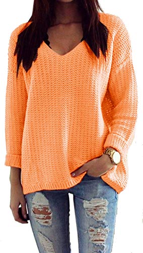 Mikos* Damen Strickpullover Frühling Sommer Sweatshirt | V-Ausschnitt Pulli Langarm Casual Pullover Hoodie | Loose Lassig Mantel Top Oversize Pulli S M 36 38 (627) (Orange) von Mikos