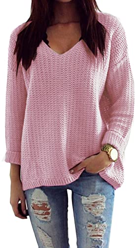 Mikos* Damen Strickpullover Frühling Sommer Sweatshirt | V-Ausschnitt Pulli Langarm Casual Pullover Hoodie | Loose Lassig Mantel Top Oversize Pulli S M 36 38 (627) (Puderrosa) von Mikos