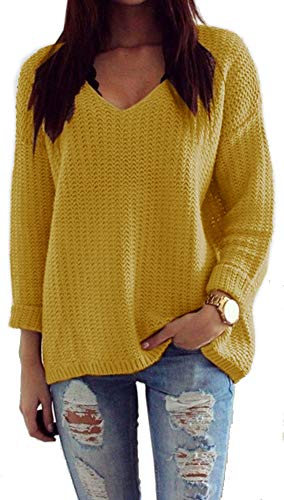 Mikos* Damen Strickpullover Frühling Sommer Sweatshirt | V-Ausschnitt Pulli Langarm Casual Pullover Hoodie | Loose Lassig Mantel Top Oversize Pulli S M 36 38 (627) (Senfgelb) von Mikos