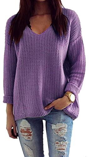 Mikos* Damen Strickpullover Frühling Sommer Sweatshirt | V-Ausschnitt Pulli Langarm Casual Pullover Hoodie | Loose Lassig Mantel Top Oversize Pulli S M 36 38 (627) (Violett) von Mikos