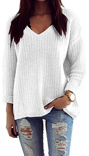 Mikos* Damen Strickpullover Frühling Sommer Sweatshirt | V-Ausschnitt Pulli Langarm Casual Pullover Hoodie | Loose Lassig Mantel Top Oversize Pulli S M 36 38 (627) (Weiß) von Mikos