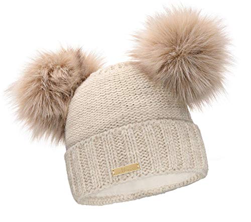 Mikos * Damen Wurm Winter Beanie Strickmütze Gefüttert Skimütze Wintermütze mit Zwei Pom Pom Mütze mit Zwei Bommeln Slouch Beanie Damen - Bommelmütze(689) (Beige) von Mikos