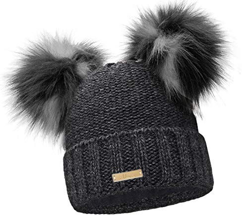 Mikos * Damen Wurm Winter Beanie Strickmütze Gefüttert Skimütze Wintermütze mit Zwei Pom Pom Mütze mit Zwei Bommeln Slouch Beanie Damen - Bommelmütze(689) (Grafite) von Mikos