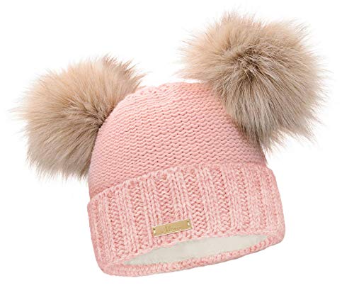 Mikos * Damen Wurm Winter Beanie Strickmütze Gefüttert Skimütze Wintermütze mit Zwei Pom Pom Mütze mit Zwei Bommeln Slouch Beanie Damen - Bommelmütze (689) (Rosa) von Mikos