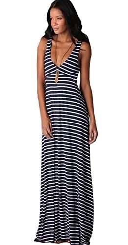 Mikos* Romantisches Sommerkleid, Damen Frauen Sexy Boho-Kleid in Marine-Style, Ärmelloses Lang Kleider Sommer Kleid mit Streifen, Maxikleid Strandkleid Cocktailkleid Partykleid (XL, 372) von Mikos