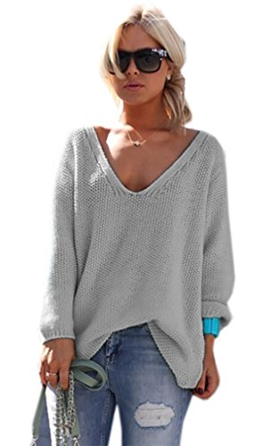 Mikos* Strickpullover V-Ausschnitt Damen Langarm Strickpulli Oversize Lässige Sweatshirt | Frühling Sommer S/M L/XL (717) (DE/NL/SE/PL, Numerisch, 36, 38, Regular, Regular, Grau) von Mikos