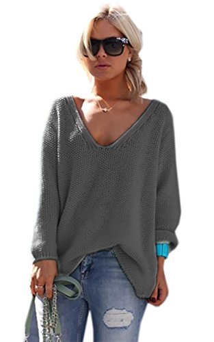 Mikos* Strickpullover V-Ausschnitt Damen Langarm Strickpulli Oversize Lässige Sweatshirt | Frühling Sommer S/M L/XL (717) (DE/NL/SE/PL, Numerisch, 40, 42, Regular, Regular, Dunkelgrau) von Mikos