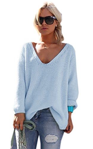 Mikos* Strickpullover V-Ausschnitt Damen Langarm Strickpulli Oversize Lässige Sweatshirt | Frühling Sommer S/M L/XL (717) (DE/NL/SE/PL, Numerisch, 40, 42, Regular, Regular, Hellblau) von Mikos