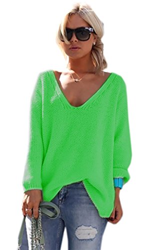 Mikos* Strickpullover V-Ausschnitt Damen Langarm Strickpulli Oversize Lässige Sweatshirt | Frühling Sommer S/M L/XL (717) (as3, Numeric, Numeric_36, Numeric_38, Regular, Regular, Neon Grün) von Mikos