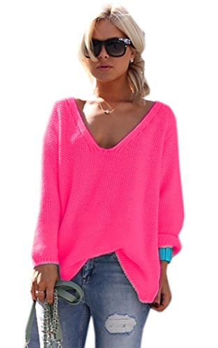 Mikos* Strickpullover V-Ausschnitt Damen Langarm Strickpulli Oversize Lässige Sweatshirt | Frühling Sommer S/M L/XL (717) (as3, Numeric, Numeric_36, Numeric_38, Regular, Regular, Neon Rosa) von Mikos